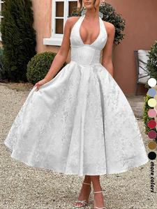 Vestido elegante de moda sin mangas con escote en V y cuello halter, con bordado y lazo en la cintura, largo liso para fiesta, estilo ajustado para mujer