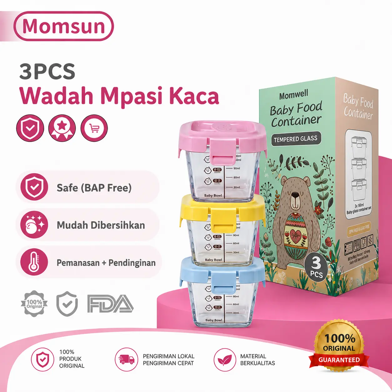 Momsun 3 IN 1 Tempat Mpasi Kaca Baby Food BAP Free Wadah Mpasi Kaca Penyimpanan Mpasi Glass Baby Food Container GFB12