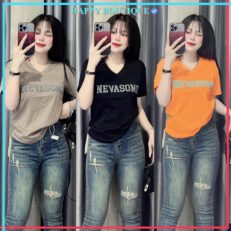  Áo Thun Cổ Tim Nữ Dáng Ôm Vừa  Mã B14  Form 40~60kg Vải Borip Cotton Mềm Mát Co Dãn 4 Chiều  NEVASOME  Top Women Cổ Tròn Màu Trắng áothunnu 