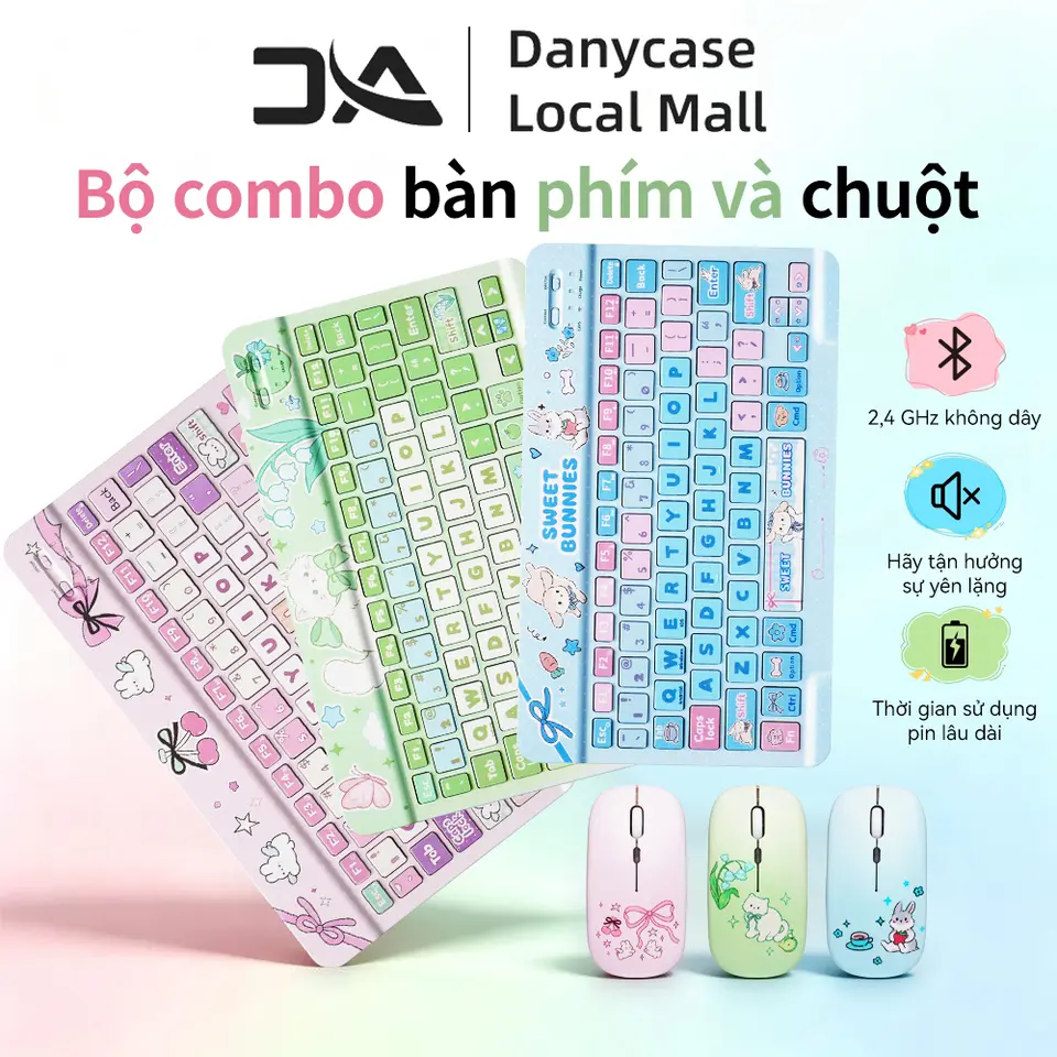 Bộ bàn phím và chuột Bluetooth không dây DANYCASE hình thỏ Kawaii dễ thương – Gắn nam châm, siêu di động (dành cho iPad, máy tính bảng, điện thoại, Mac)