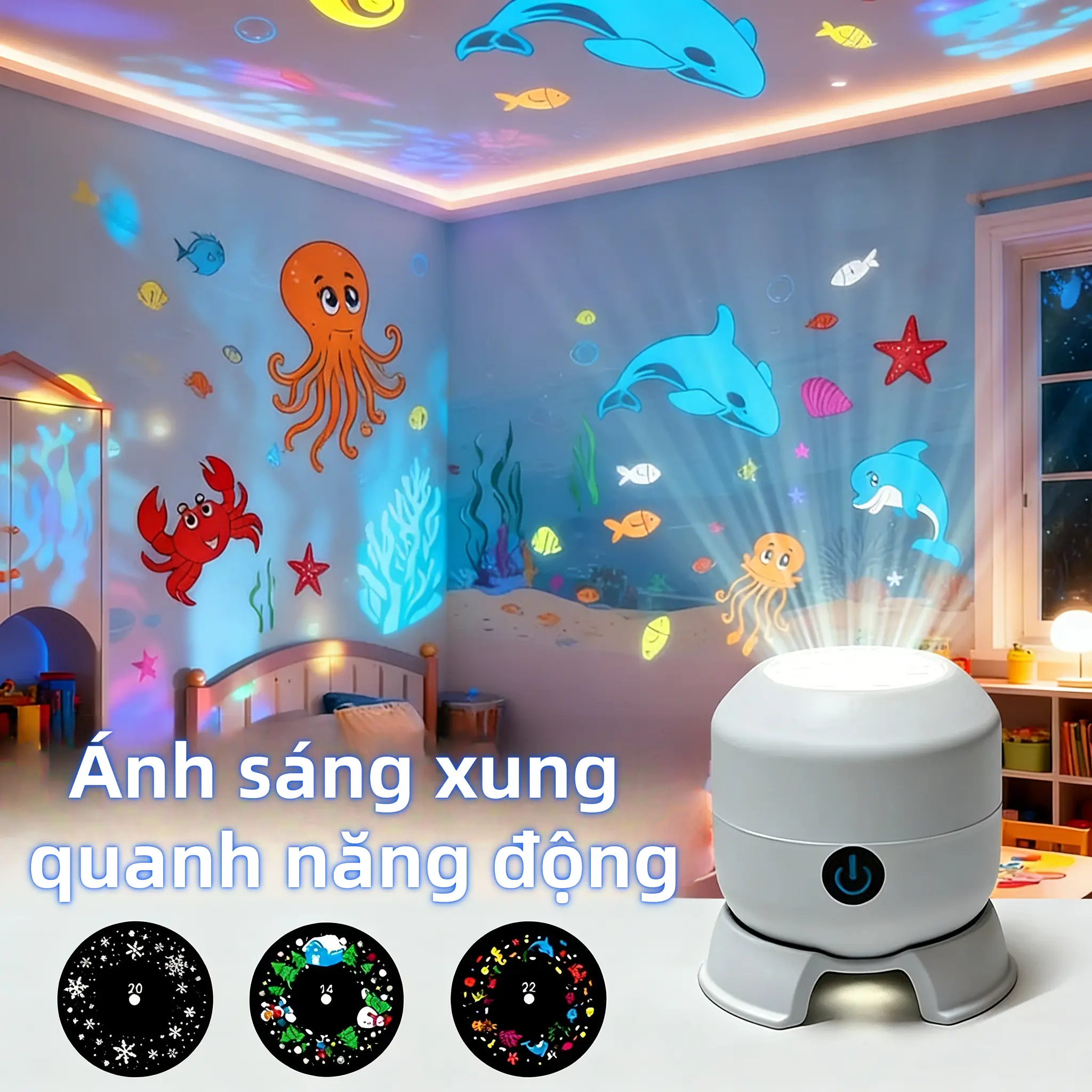 Máy chiếu quà tặng sinh nhật trẻ em, Giáng Sinh, thế giới đại dương, ánh sáng phát sáng hình bông tuyết, đèn ngủ tạo không khí cho phòng ngủ