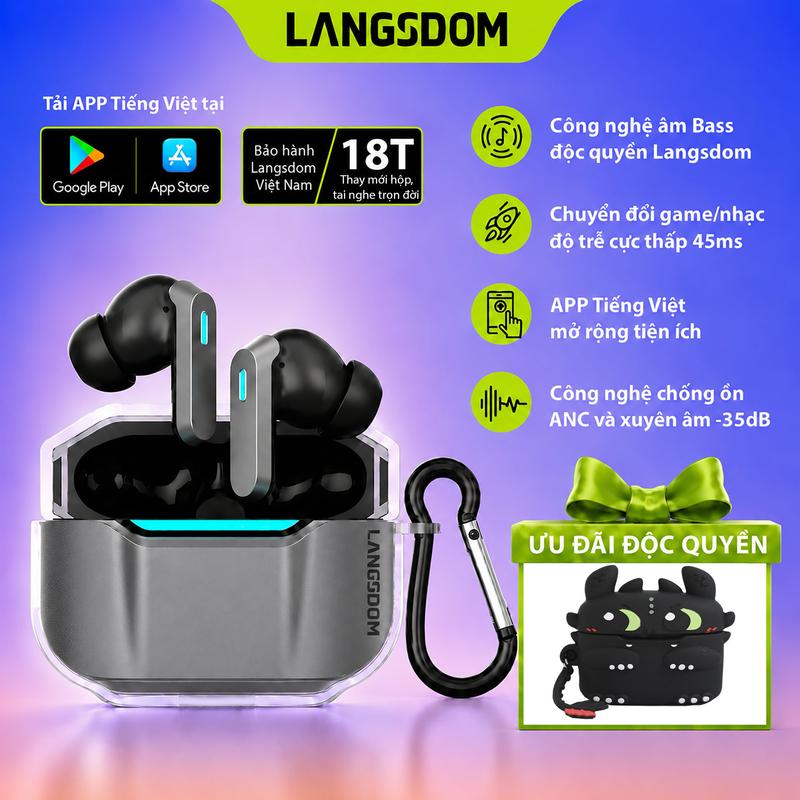 Tai nghe Bluetooth Gaming Langsdom Zeta, Bass mạnh, APP Tiếng Việt, Bluetooth 6.0, Chống ồn chủ động ANC, Độ trễ game cực thấp 45ms, Míc lọc ồn ENC