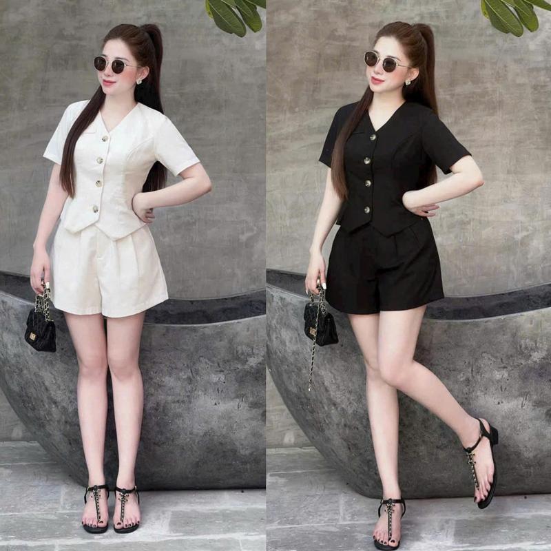 BIGSIZE 40-85KG Sét Bộ áo Gile Tay Ngắn Phối Quần Ngắn Sang Trọng Thích Hợp Đi Làm Đi Chơi Dự Tiệc cho Nữ