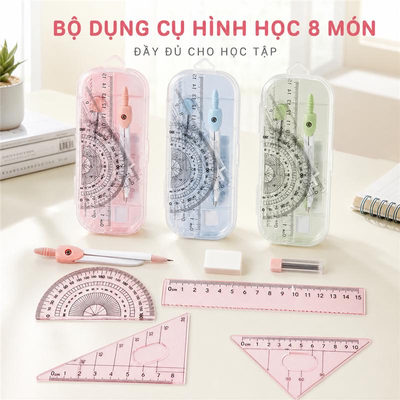 Bộ Dụng Cụ Hình Học 8 Món Cho Học Sinh, Thước Kẻ Ê-ke Compa Thước Đo Góc, Hộp Đựng Gọn Nhẹ