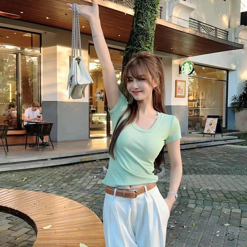 Kaka Women's Basic Department Ceiling U Neck Knit T-Shirt Slim Straight Shoulder Short Sleeve Tops for Women 6