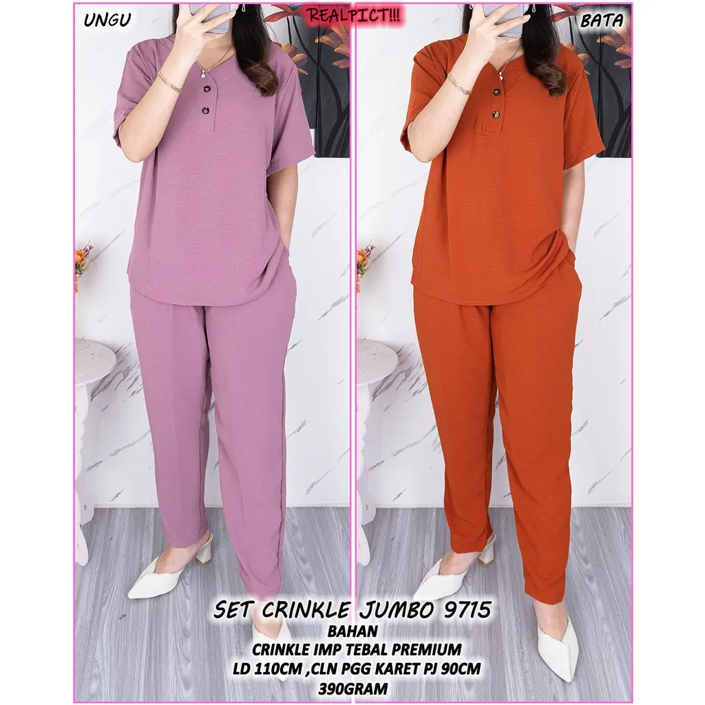 Setelan Crinkle Jumbo // Setelan Crinkle Airflow Celana Panjang Lengan Pendek // Setelan Wanita Kekinian