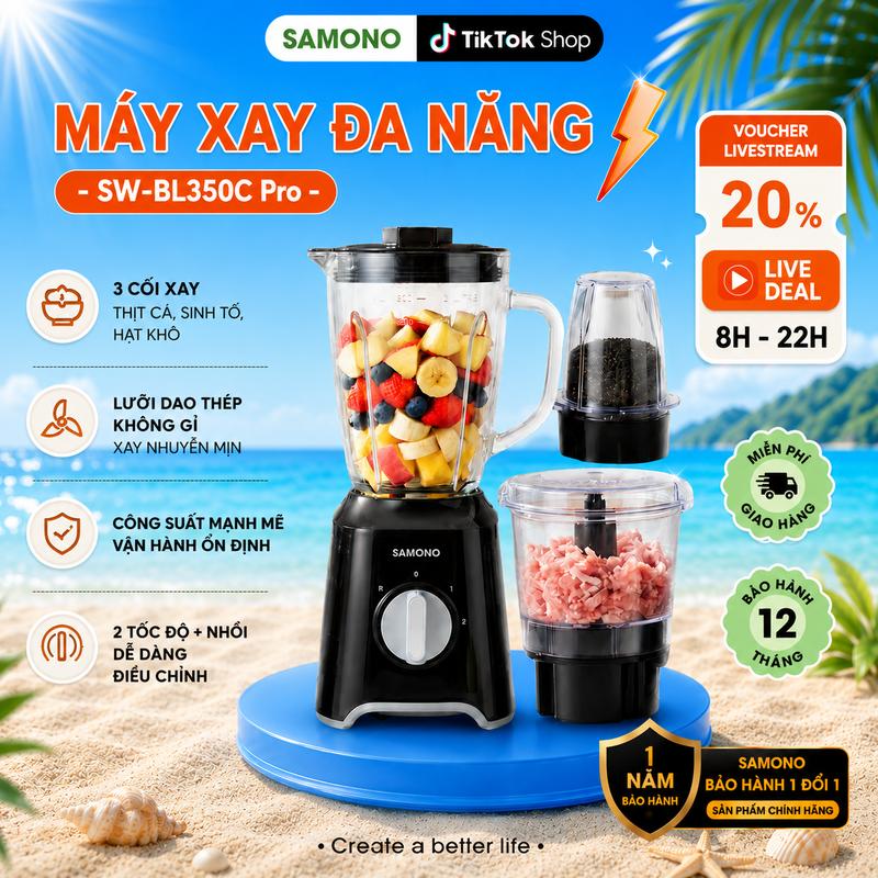 Samono Máy Xay Sinh Tố SW-BL350C Pro Đa Chức Năng, 3 Cối Thủy Tinh An Toàn Xay Thịt Cá Đá Siêu Nhuyễn Bảo Hành 12 Tháng