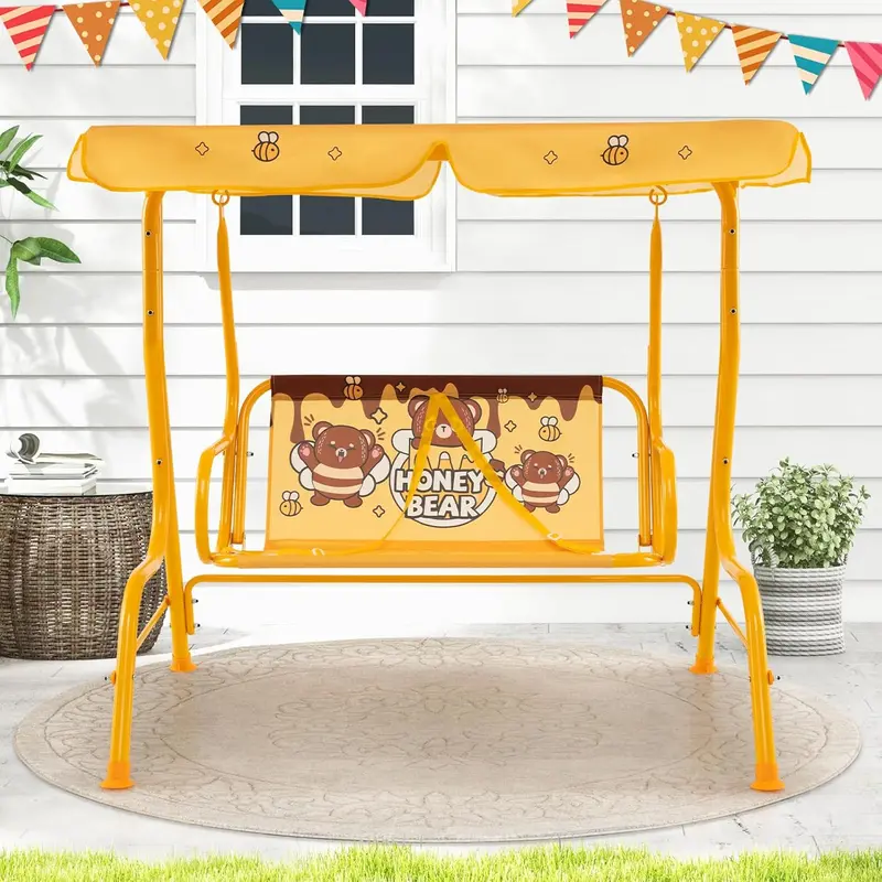 GYMAX Kids Patio Swing Chair, 2 Seats Garden Swing Bench with Adjustable Canopy and Safety Belts, Porch Swinging Lounger Seater for Outdoor & Indoor 1
