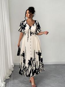 Vestido elegante de talla grande con estampado floral, escote en V con botones decorativos, corte línea A con cintura ceñida, ropa de moda para mujer