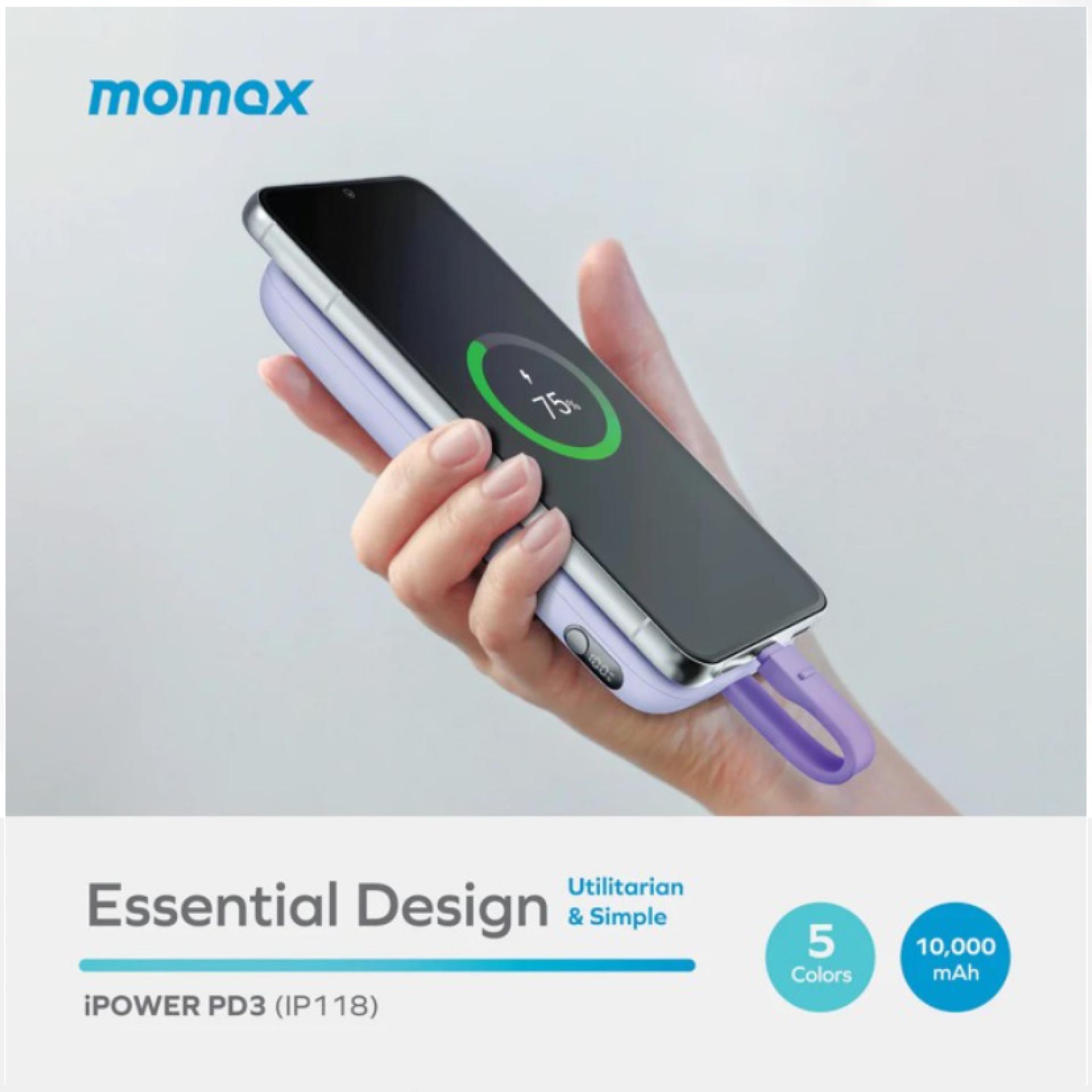 Momax Powerbank Built-in Kabel Charger USB C 10000mAh iPower PD 3 - Black IP118D