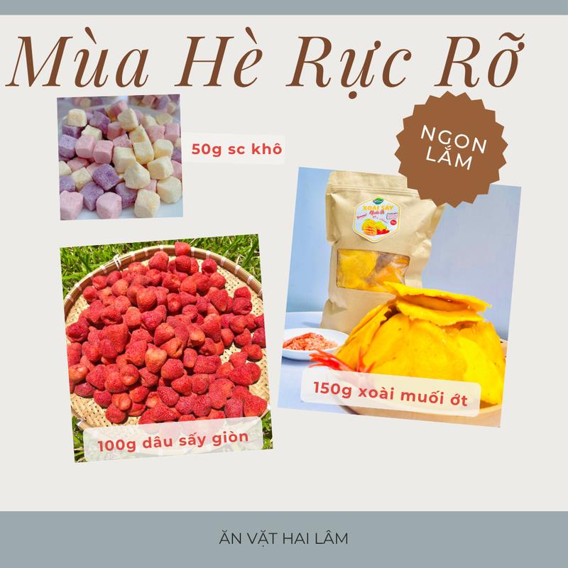 CB 3 Món Gồm 100g dâu sấy giòn 150g xoài sấy dẻo 50g sc khô snack ăn vặt food Ngon Miệng