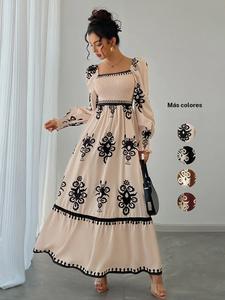 Vestido acampanado con manga obispo fruncida y estampado completo para mujer, Vestido de manga larga para otoño e invierno, Ropa de mujer para vacaciones