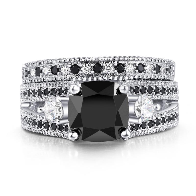 Product Introduction of Black Square Stone Ring Sets Luxury 2 Rounds Fashion Cocktail Party Rings Jewelry For Women Gifts ZYR617 5