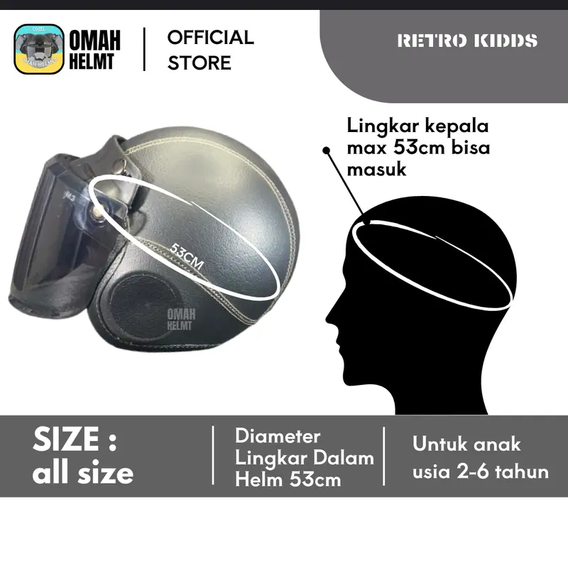 Helm Bogo Anak Retro Polos Laki Laki Perempuan Usia 2 3 4 5 6 Tahun Kaca Datar Helem Motorcycle Cembung 2