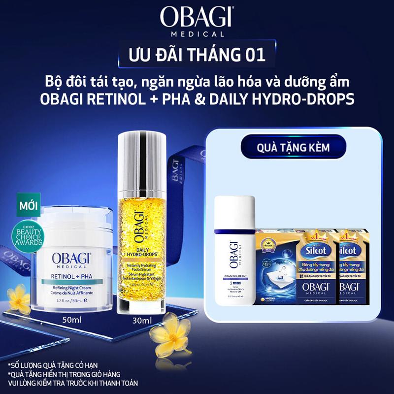 Bộ đôi Kem tái tạo & ngăn ngừa lão hóa da ban đêm Obagi Medical Retinol + PHA 50ml và Serum Cấp Nước Dưỡng Ẩm OBAGI Daily Hydro-Drops 30ml