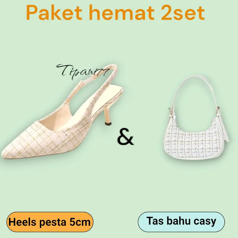 Paket Hemat 2 Set Higheels Pesta & Tas Wanita Bahu Cassy - Shoes Hitam Putih Sandal 3