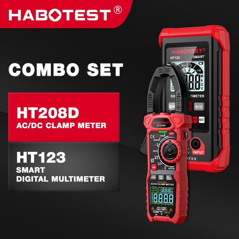 Đồng hồ kẹp kỹ thuật số, HABOTEST HT208D + HT123, 1000V / 1000A AC / DC, Ampe kế điện áp kẹp, Đồng hồ vạn năng kỹ thuật số HT123, 600V AC / DC, 2000 số đếm, Độ chính xác cao, Chống cháy, Đồng hồ vạn năng thông minh