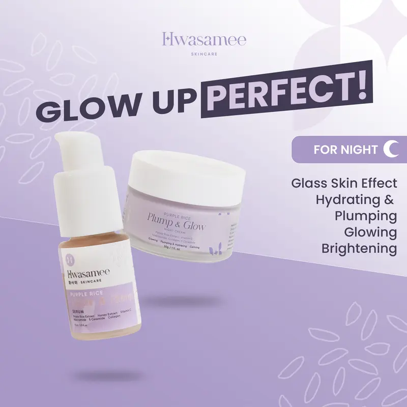 HWASAMEE [Serum 5in1 + Night Cream 10x Brightening ] Perawatan Malam Sempurna Bangun Dengan Wajah Glowing Kenyal Terjaga Kelembaban Kulit Ceramide Extract Niacinamide Pencerah Purple Vitamin Lavender Memudarkan Mencerahkan 1