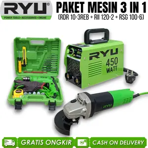 Paket RYU 3 set Mesin Las 450 W. Bor Koper 22pcs. Gerinda 4 inchi   Listrik Besi Cutter Kayu Sparepart Batu Brush