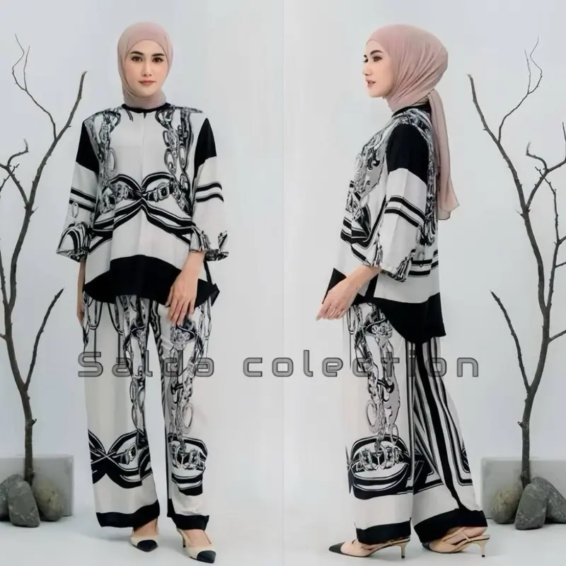 One set wanita kekinian salur kekinian layla rayon premium/Batik fashion/ dewasa Celana Panjang Setelan Wanita Formal Motif Nyaman 1