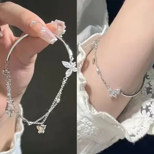 Gelang Gaya Baru Rantai Dua Lapis Setengah Kupu-Kupu Flash Berlian Butterfly Bracelet Silver Alloy 2023 Wanita Y2k