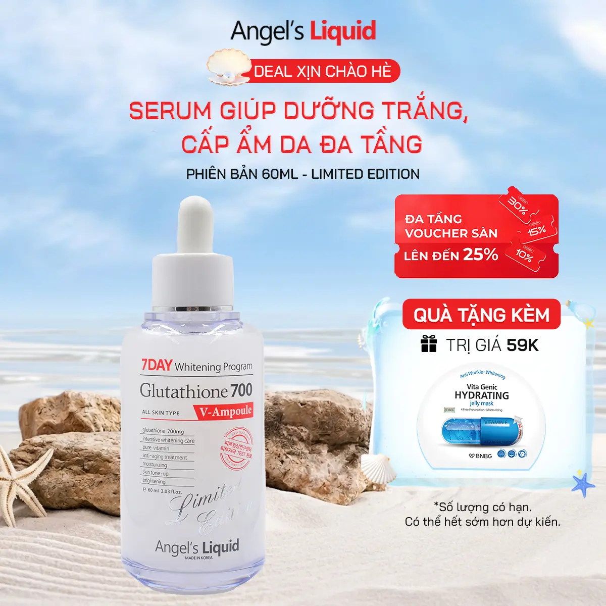 Serum Làm Trắng, Dưỡng Ẩm Và Làm Chậm Lão Hoá Da Glutathione 700mg + HA Angel's Liquid 7Day 60ml