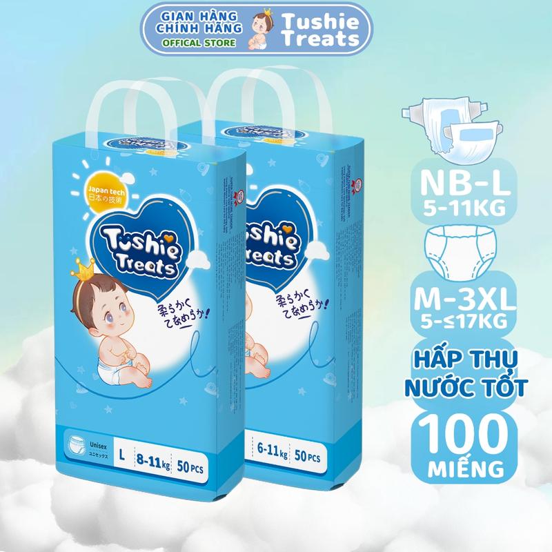 TOP 【100 Miếng 】TÃ BỈM/QUẦN Tushie Treats bỉm em bé Công nghệ Nhật bản ôm sát thấm 700ml hút thông thoáng NB-/XXXL