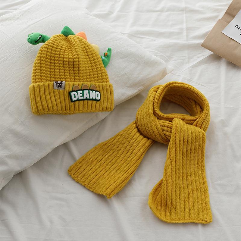 Product Introduction of 1-7Y 2Pcs Children Hat Scarf Set Cute Little Dinosaur Knitted Wool Cap Winter Warm Kids Neckerchief Boy Girl Baby Beanie 8