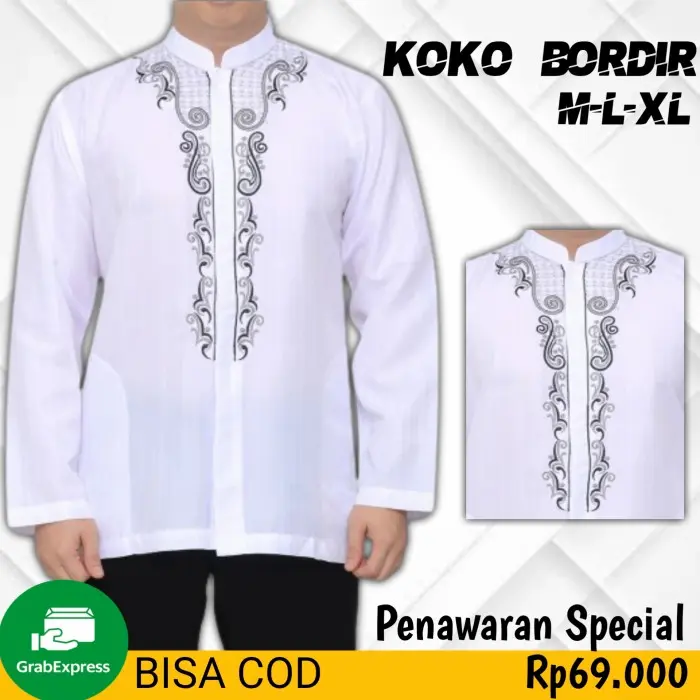 Koko Pria Putih Baju Koko Dewasa Lengan Panjang Bordir Komputer - Putih Pnjang T8, M Jubah Katun