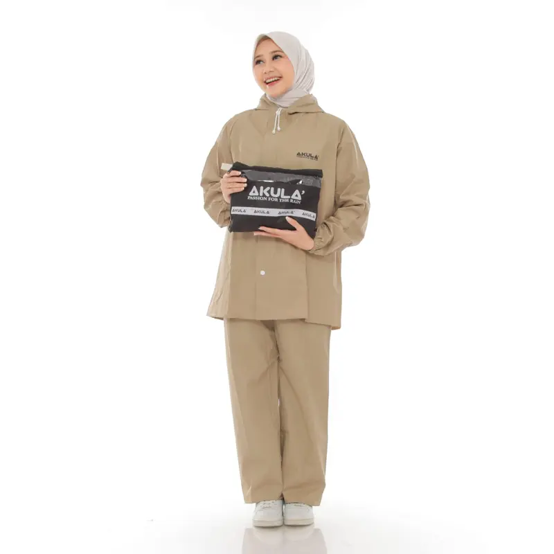 JAS HUJAN AKULA Setelan Baju Celana Raincoat Mantel Mantol Cream Dewasa 5