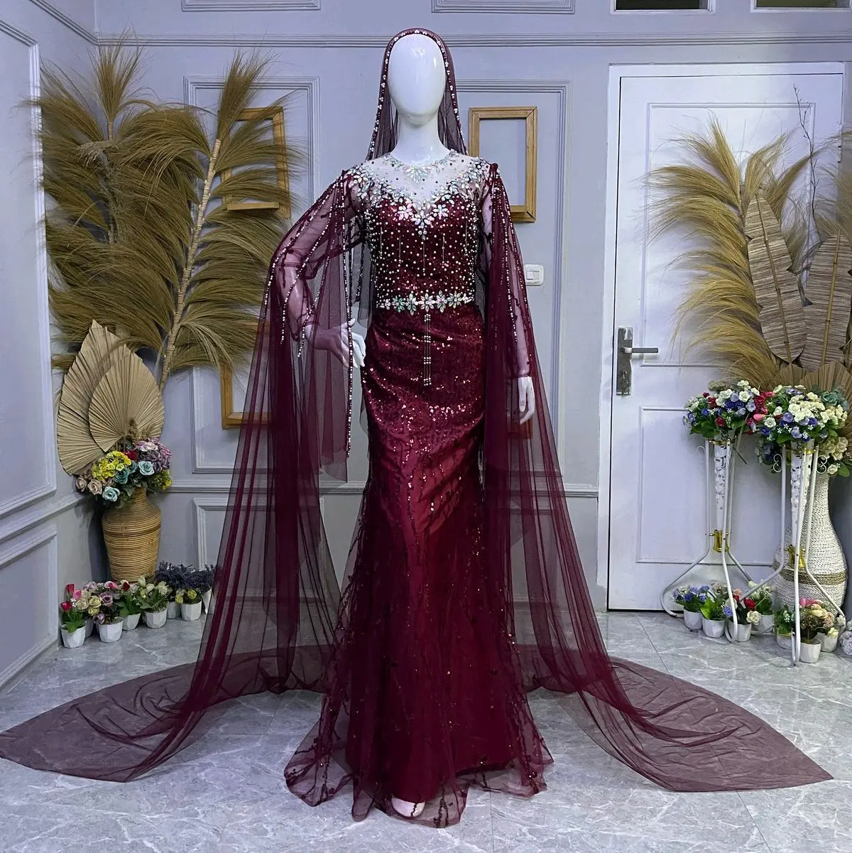 gaun pengantin duyung jubah bahan squin