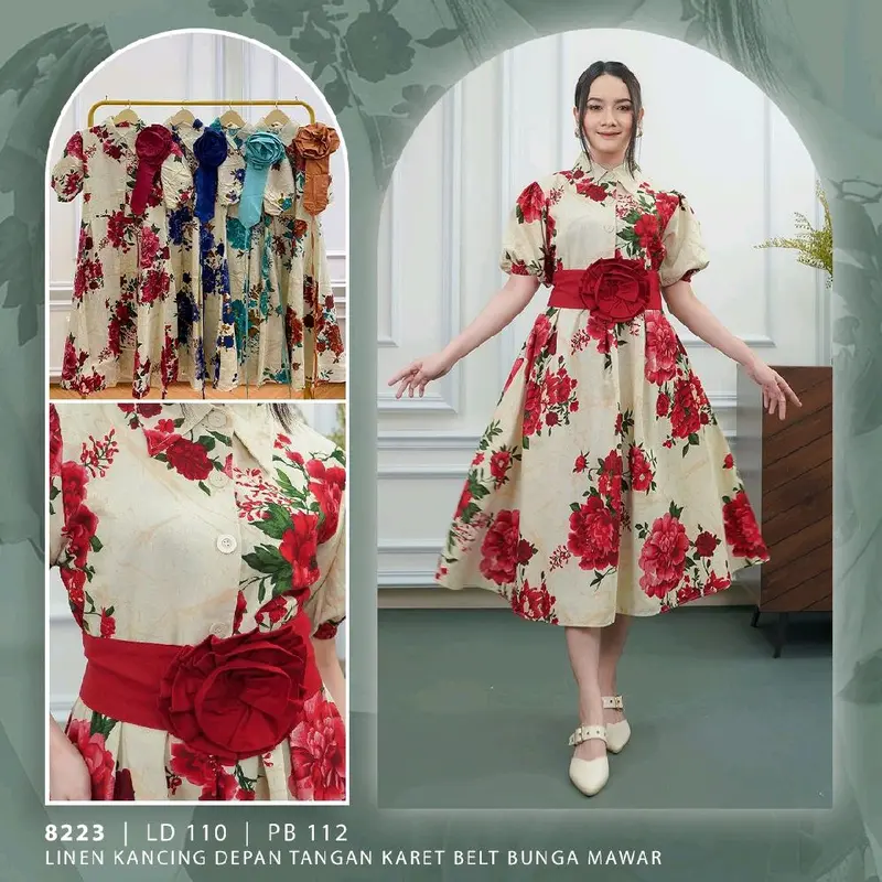 DRESS LINEN BUNGA MAWAR CANTIK ELEGAN DAN MEWAHH 0