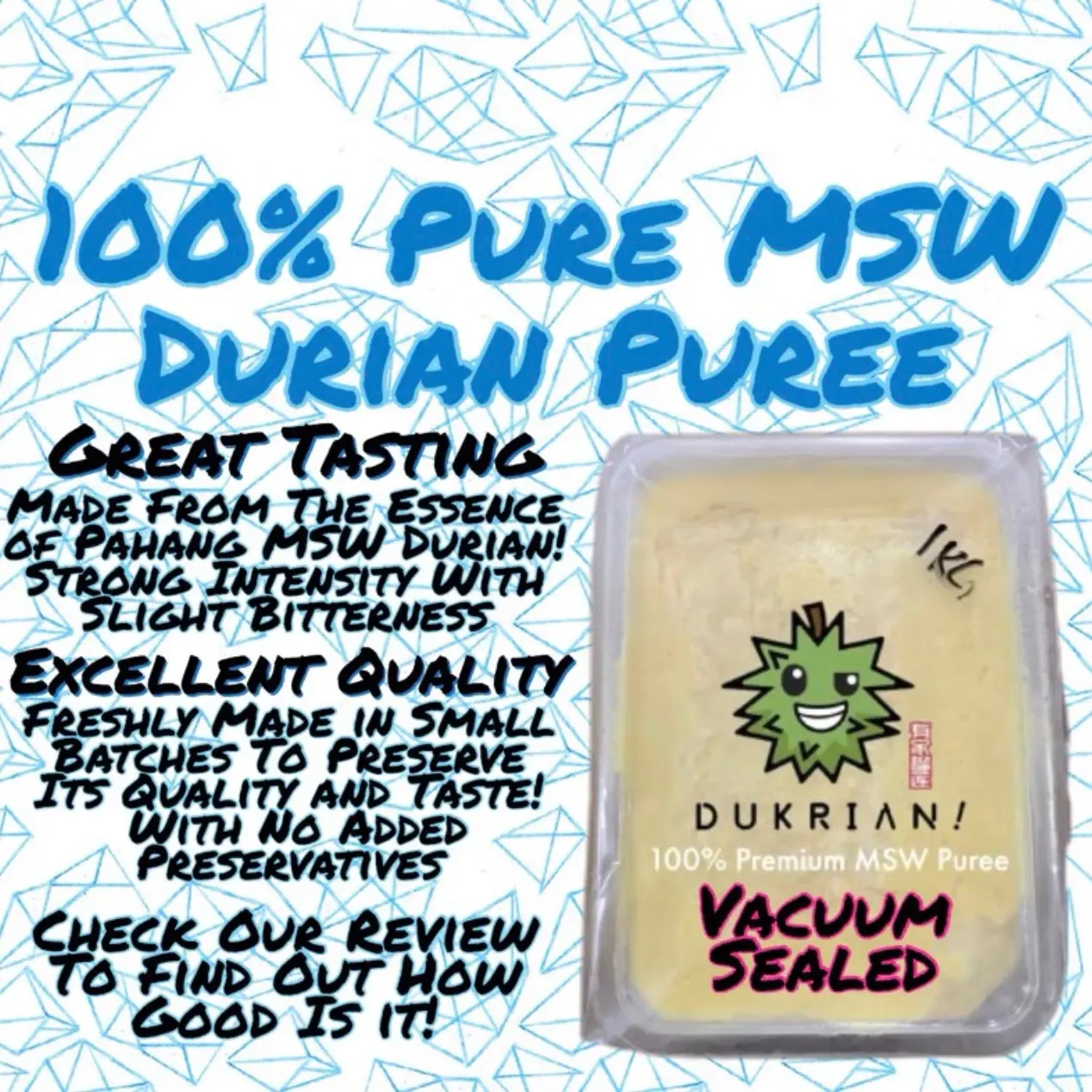 Dukrian 2KG Musang King MSW Durian Puree Fruit Dessert fresh durian