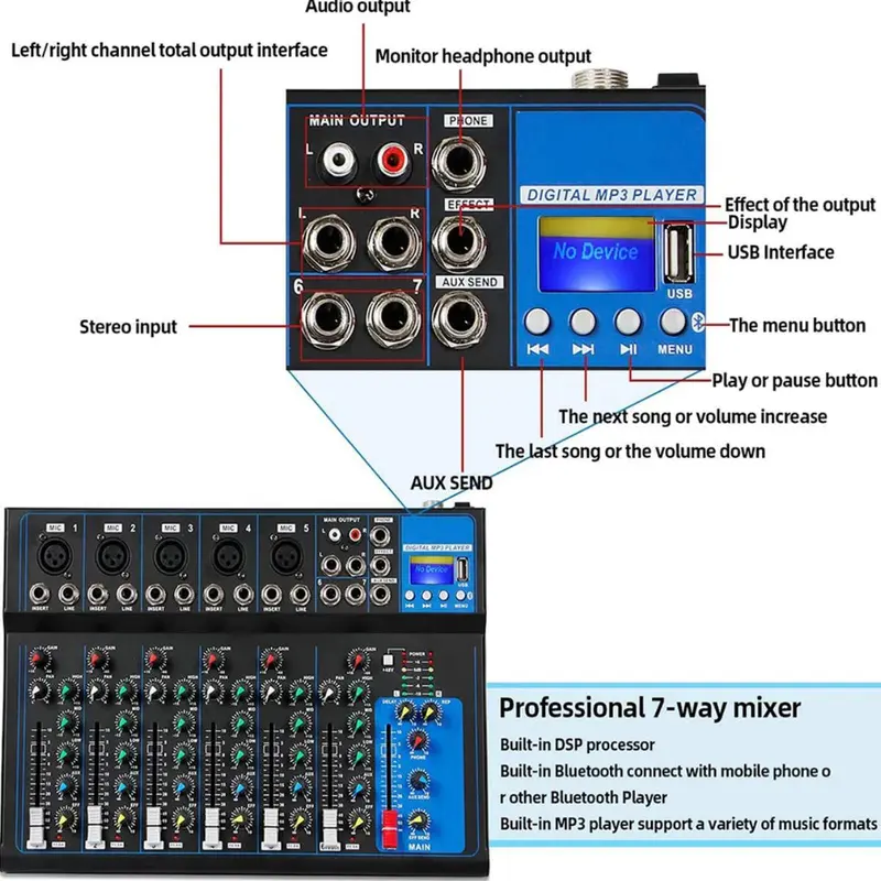 Yamaha USB 7 Saluran Console Pencampuran Bunyi dengan Mixer Rekod Bluetooth untuk KTV Stage Amplifier Audio Compact Plug Smartphone Recording Wireless Bass Subwoofer mixer  4 channel 7