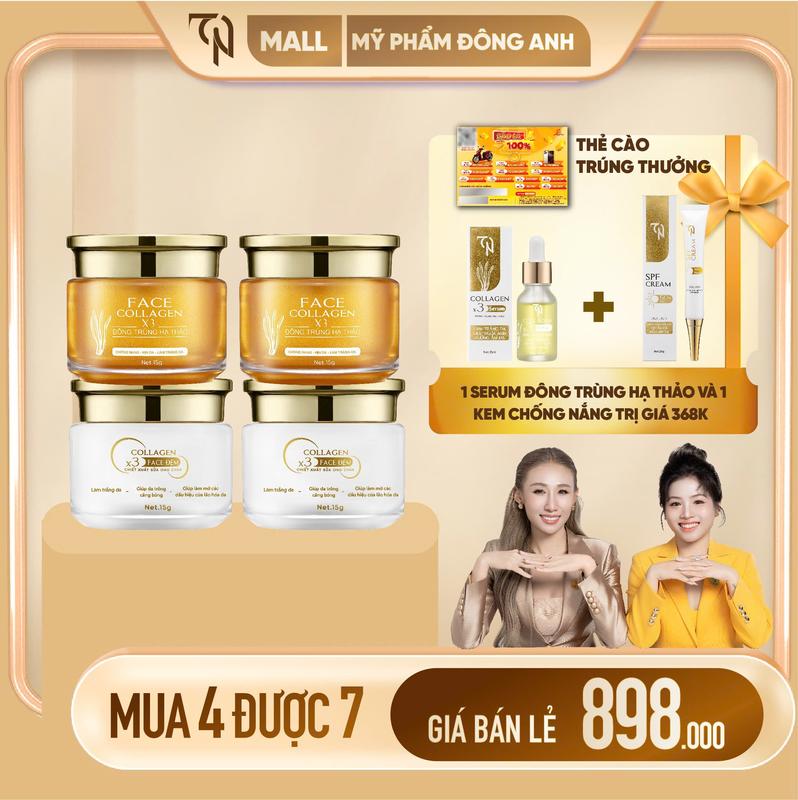 ( TẶNG PHIẾU + TẶNG 1 SERUM 1 CHỐNG NẮNG ) COMBO 2 KEM NGÀY 2 KEM ĐÊM , FACE NGÀY ĐÔNG TRÙNG HẠ THẢO, FACE ĐÊM SỮA ÔNG CHÚA, CHỐNG NẮNG NỌC ONG SPF 50++. HỖ TRỢ DƯỠNG DA MỜ THÂM NÁM SẠM MỸ PHẨM ĐÔNG ANH
