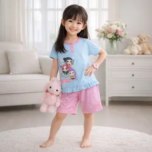 WE3 Setelan Baju Tidur Harian Kaos Katun Anak Perempuan Usia 4-12 Tahun Nyaman Lembut Ideal Untuk Sehari-hari Di Rumah