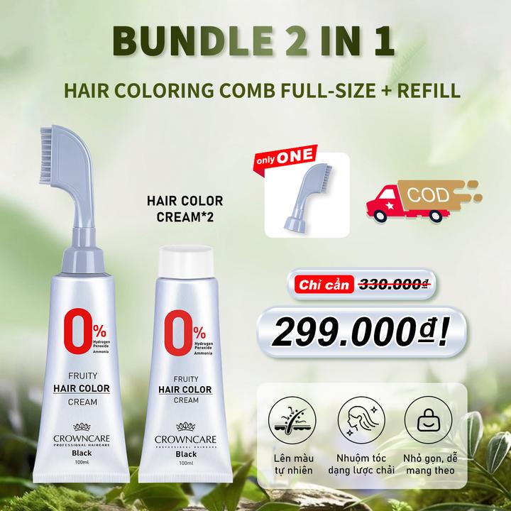 【Combo Tiết Kiệm CrownCare Kem Nhuộm Tóc Che Bạc Full Size + Refill | Hương Trái Cây Dịu Nhẹ | Đi Kèm Lược Nhuộm | Không Amoniac | Tự Nhuộm Tại Nhà – An Toàn – Tiện Lợi