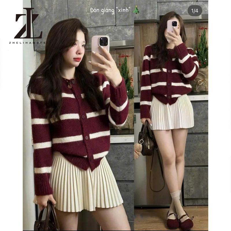 HÀNG QC Áo Len Cardigan Nữ Kẻ Sọc Form Rộng Dáng Suông Áo Khoác Len Cài Nút Dài Tay Basic Hàn Quốc