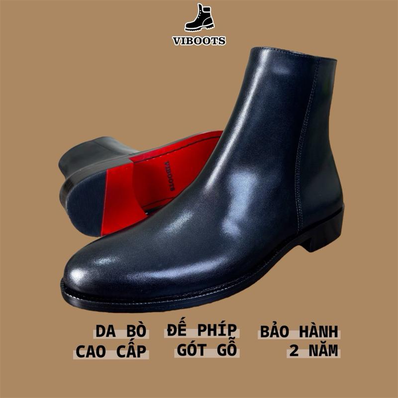 Giày Da Nam Zip Boots Đế Đỏ Da Bò Cao Cấp Thương Hiệu Viboots Kiểu Dáng Thanh Lịch Đế Phíp Gót Gỗ