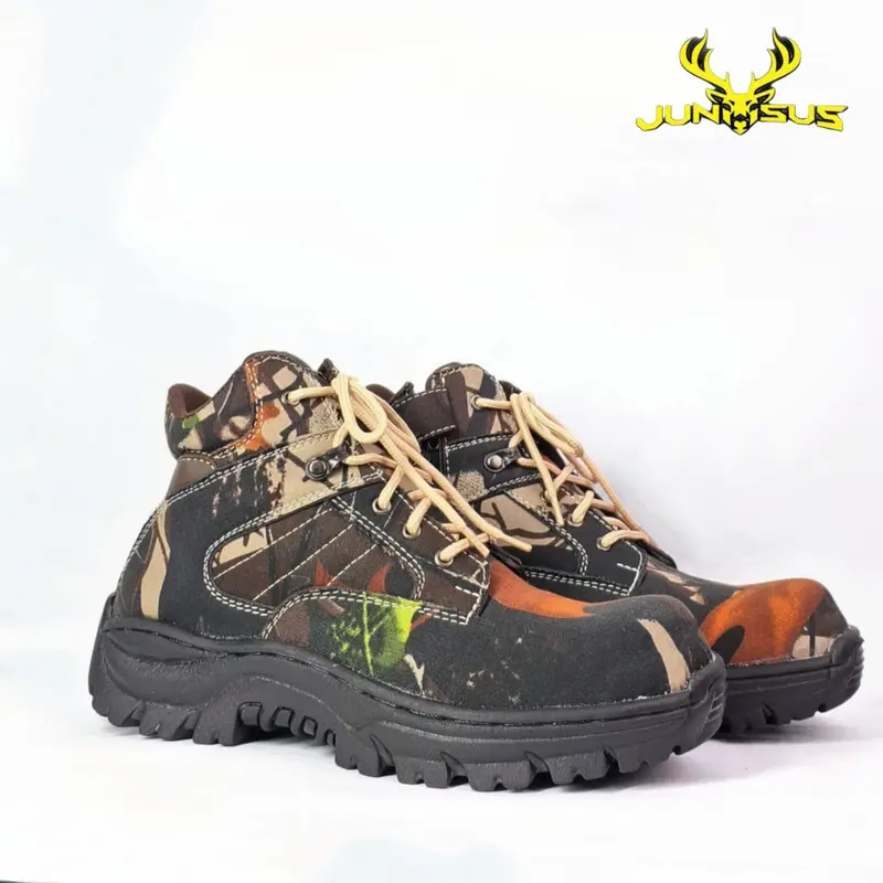 JUNSUS Sepatu Safety Pria Boots Camo Ujung Besi Untuk Ridding Hunting Kegiatan Outdoor Sol Rubber Anti Slip Tinggi 6inch 3