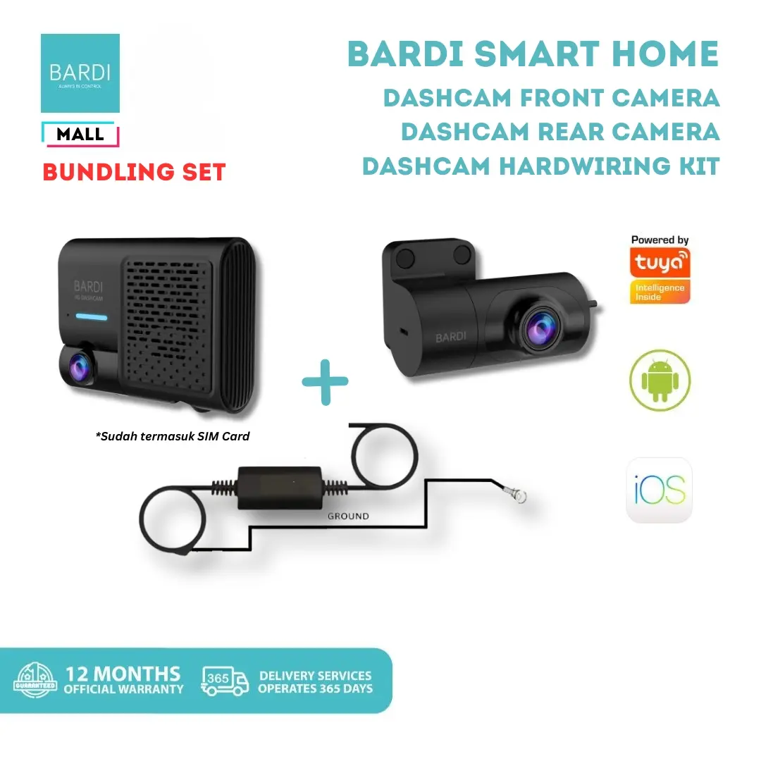 BARDI Dashcam dengan SIM Card Front Rear Hardwiring Kit Kamera Mobil Full HD 30FPS Pengawasan Optimal & Notifikasi Kecepatan Mobil