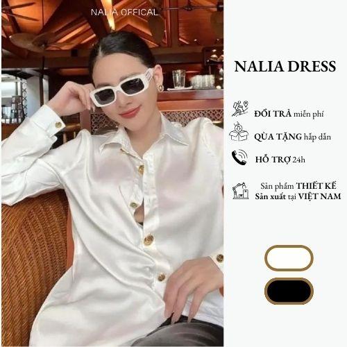  NALIA LAURA   kèm quà   - Áo sơ mi lụa vân cao cấp 2 màu den trắng phối 12 cúc to nhỏ form rộng giấu quần có đệm cầu vai Nữ Women sản phẩm Top 