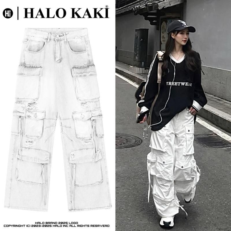 QUẦN JEANS BAGGY TRẮNG KING BOX (12 Túi hộp phối 4 dây kéo) - Quần jean ông rộng phủ gót chùm giày túi Nam Pants Menswear