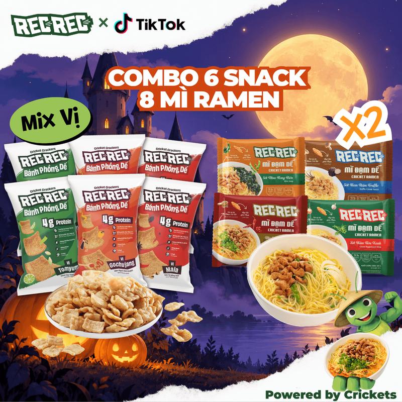 Combo 6 Snack Ăn Vặt Giòn Cay 40g Và 8 Mì Ramen Ăn Liền REC REC 105g - Healthy Food Giàu Protein Dế