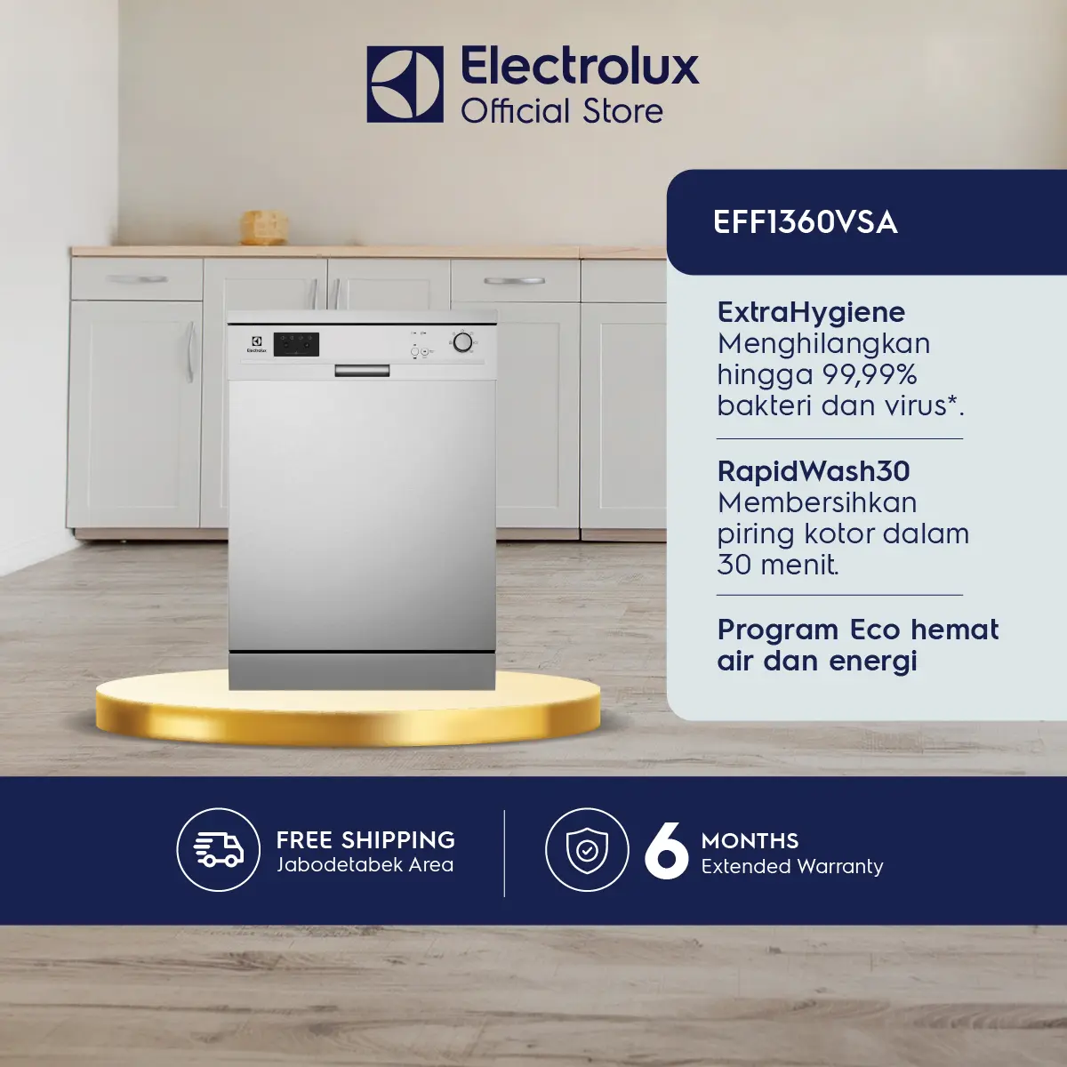 Electrolux Dishwasher Freestanding 60cm - Hemat Air & Energi - Cuci Cepat 30 Menit - Menghilangkan 99,99 % Bakteri & Virus - Rak luas - EFF1360VSA
