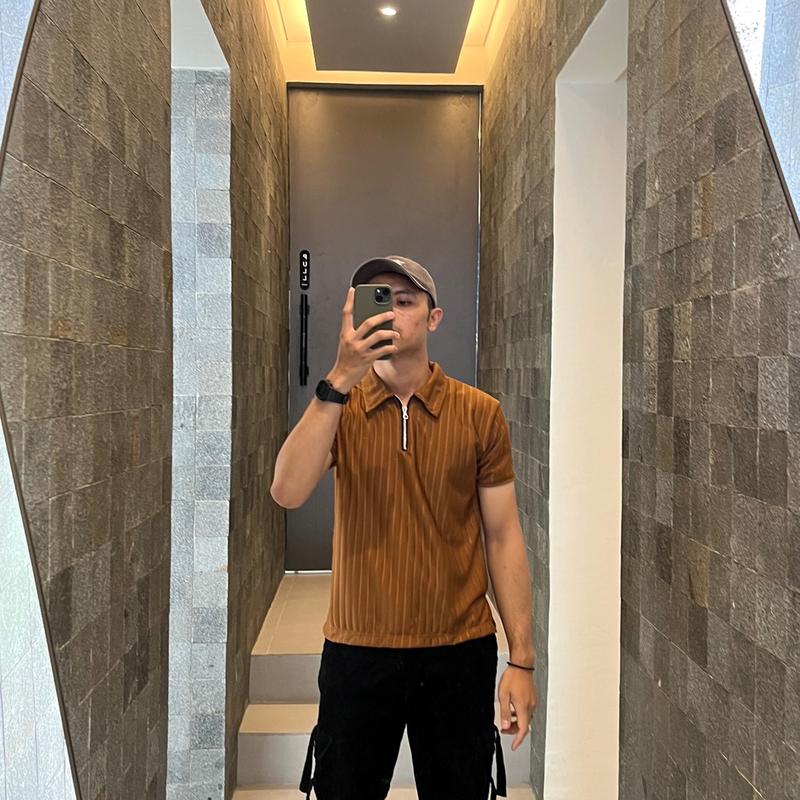 Kaos polo shirt zipper pria Korean Knit baju Polo Shirt Pria Salur Besar resleting Dengan Cutting Slim Fit Kerah Pendek polos half zipper 8