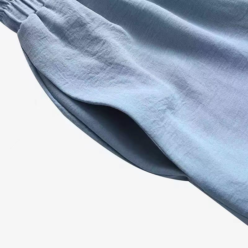Product Introduction of High quality cross solid color blue Black Kachislin long sleeve pocket hidden door tube dyed buckle elastic waist long pants shirt set long shirt + pants 4