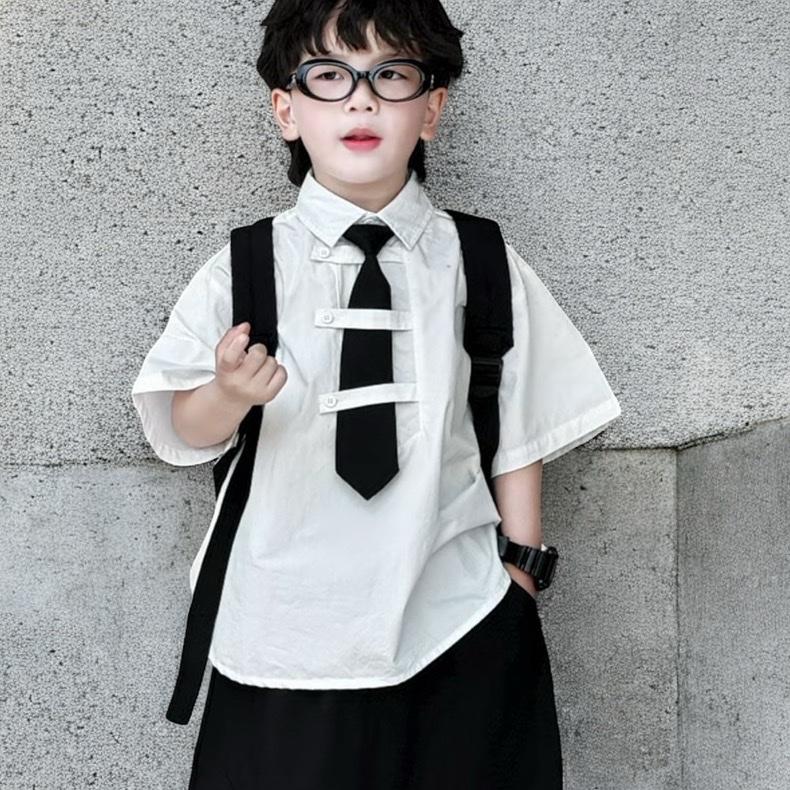 2580-Áo sơ mi trắng cộc tay kèm cà vạt và quần lẻ (PHOM TO LẤY THEO CHIỀU CAO) kaki đen dáng âu thụng ống to cho bé trai và bé gái