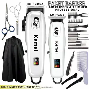 PAKET USAHA BARBERSHOP KEMEI Series Set Mesin Cukur Lengkap Pangkas Rambut Barber LCD Display