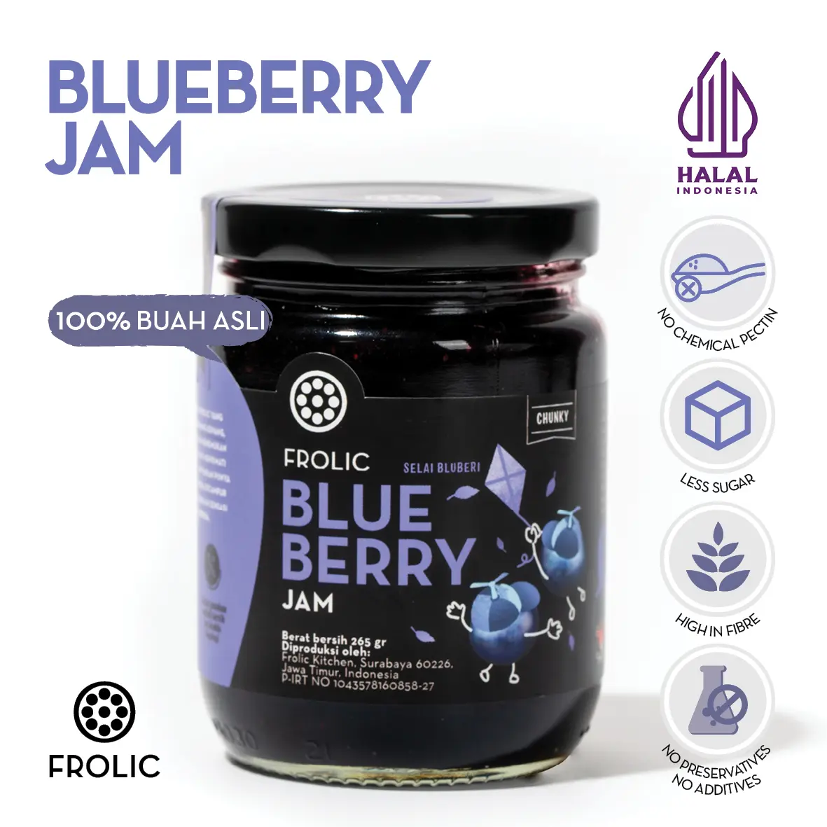 FROLIC Selai Buah Bluberi - Blueberry Jam Rendah Gula Gluten-free Tanpa Pektin Kimia